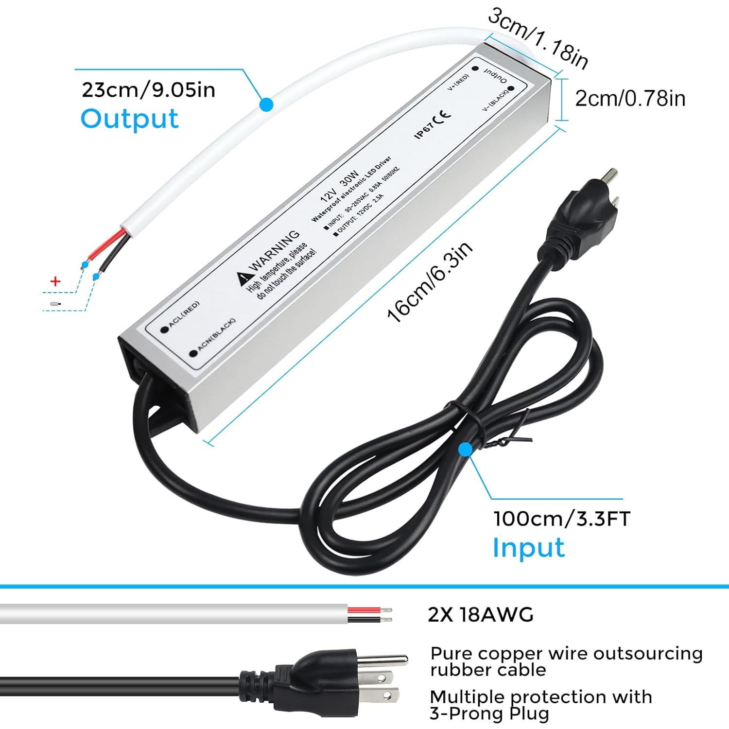 12V Waterproof LED Power Supply 30W–300W, 90–265V Input, Single/Dual Wire Output, Outdoor LED Driver, CE/RoHS/FCC —US/UK/EU Plug & Wire Leads Options