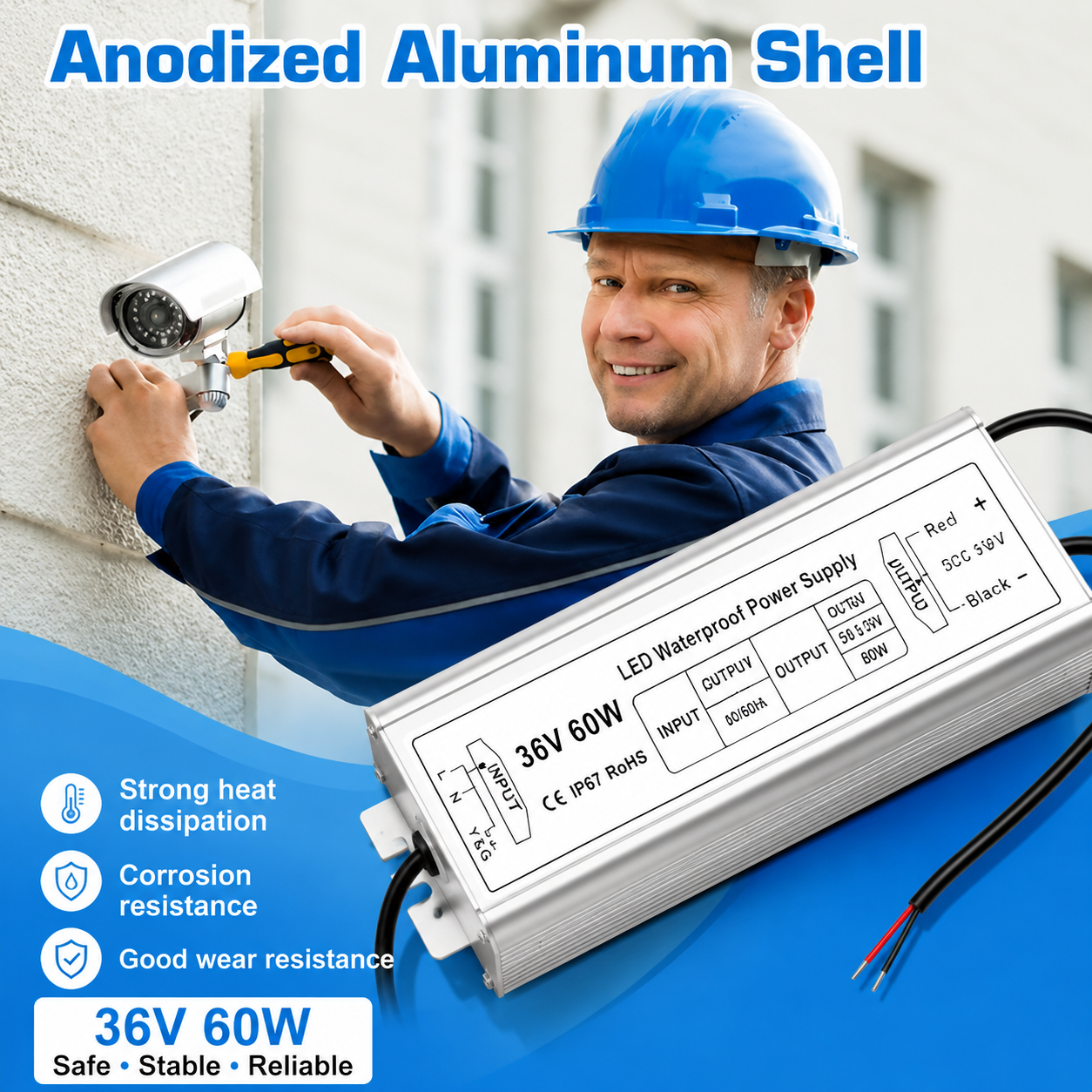36 V IP67 wasserdichtes LED-Netzteil (Treiber) 60 W/80 W, 90–265 V AC-Eingang, Einzeldrahtausgang, LED-Treiber für den Außenbereich, CE/RoHS/FCC – US/UK/EU-Stecker und Kabelleitungen (3-adrig) 