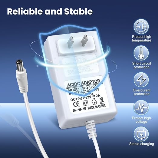 DC 12V Power Supply Adapter with On/Off Switch, 24W/36W Options, US Plug, White Housing, 100–240V AC Input, Wall Plug Charger for LED Strip Lights and Electronics