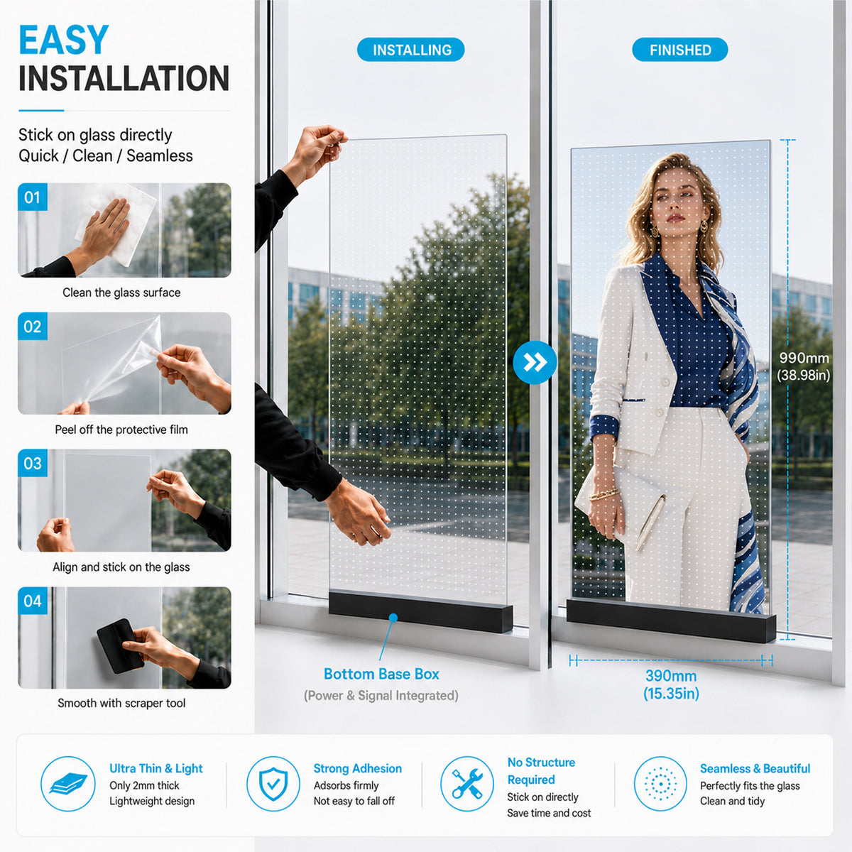 【Standard Modular Panel】HC Series P15 Transparent Adhesive LED Film – 390×990 mm (15.35×38.98 in) | 2000 nits | 94 % Transparency Glass Sticker Screen for Retail Facades & Shopfront Windows | Multiple Kit Options | Plug & Play