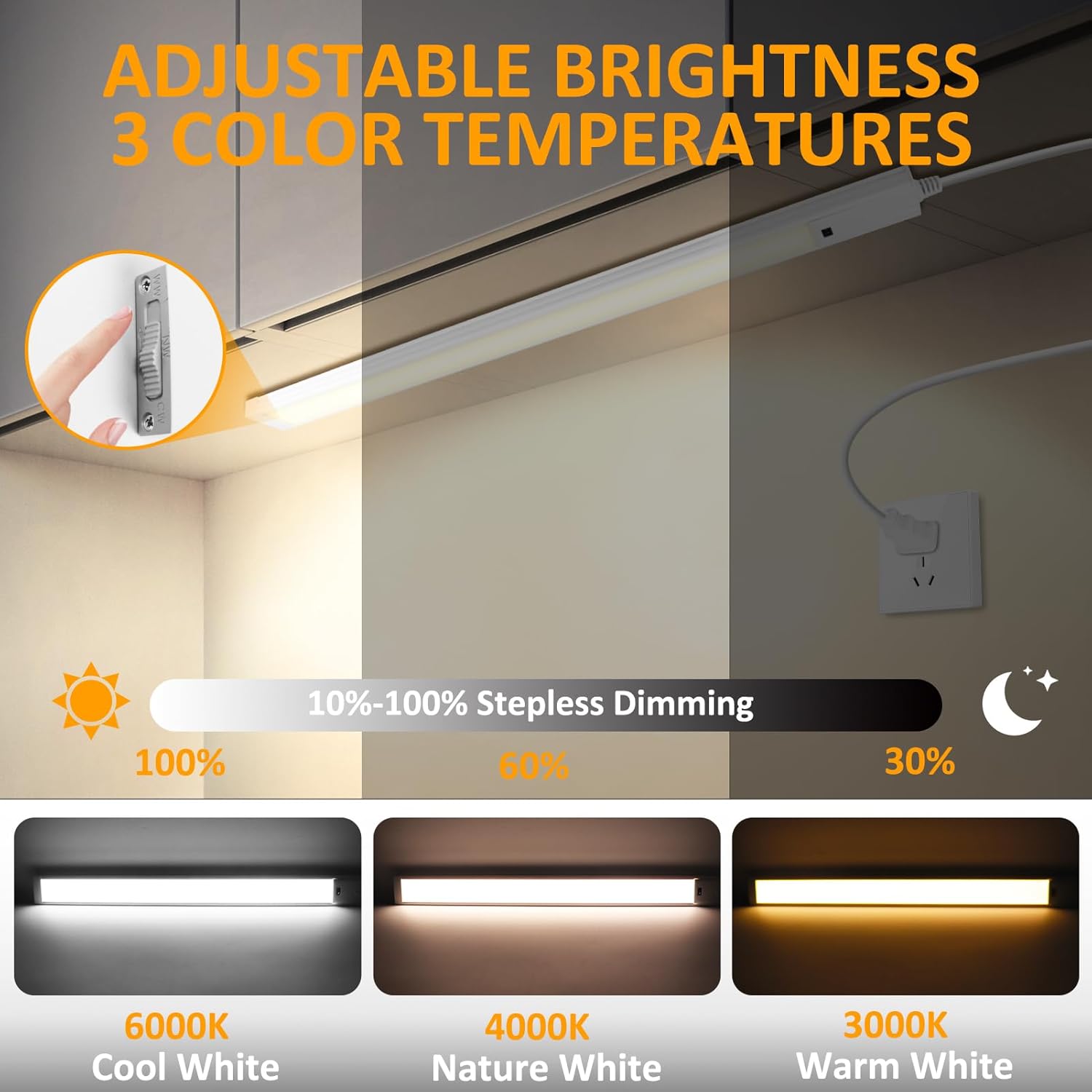 1/2 Pack 16 / 22 Inch Under Cabinet Light – 3CCT (3000K/4000K/6000K) | Hand Wave Sensor | Adhesive Mount | Slim Design for Cabinet & Shelf – White Finish