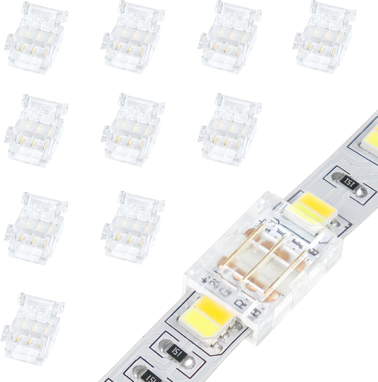 Transparent Crystal LED Strip Connectors – 10mm 3Pin Solderless Clips | Strip to Wire / Strip to Strip / DC Adapter – Local Stock US/UK