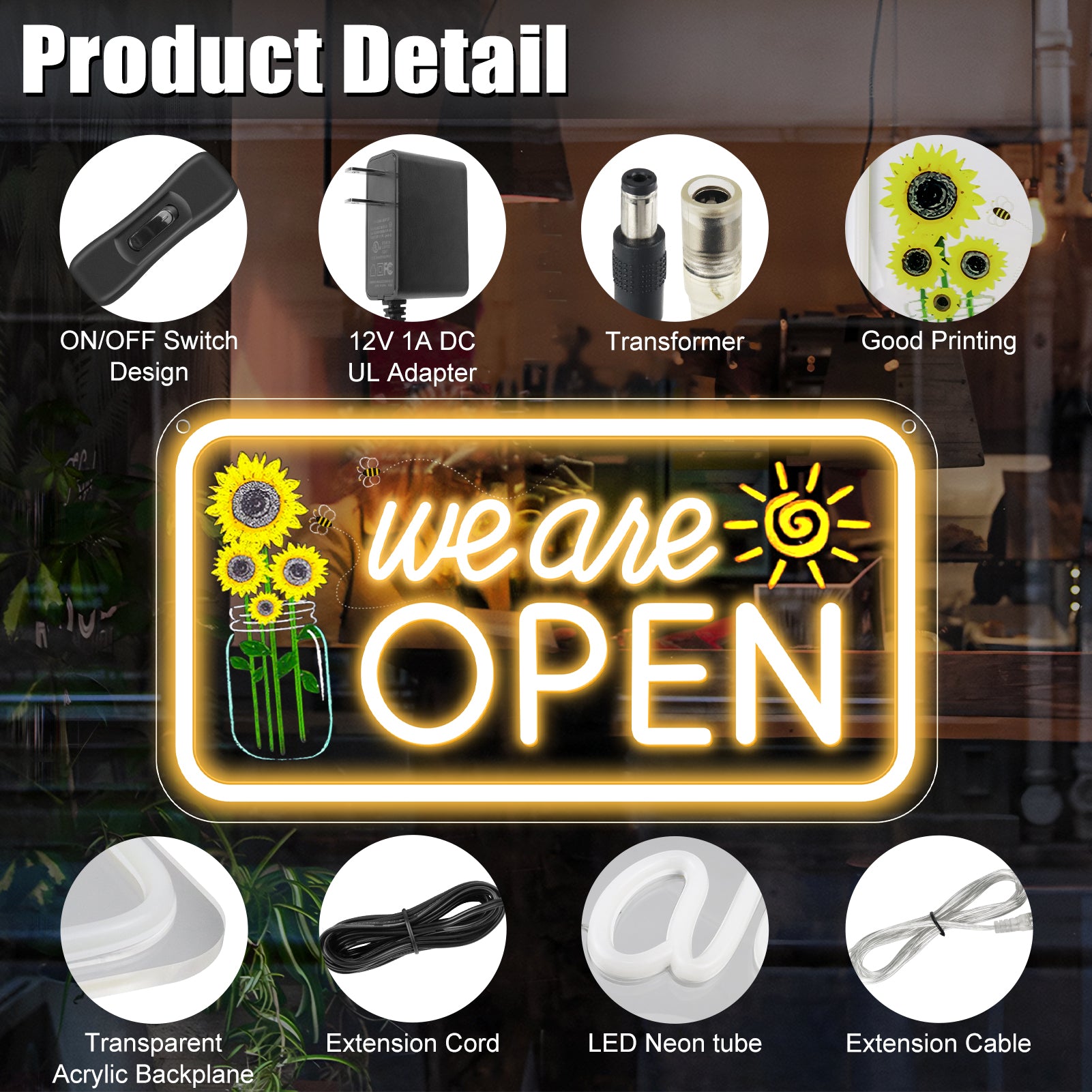 We Are Open Silicone Neon Signs with Sunflower Decor – USB Version | W