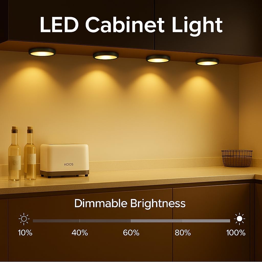 3er-Pack LED-Puck-Schrankleuchten – Warmweiß / Tageslichtweiß | Schwarzes Finish | 12-V-Adapter mit US-/UK-Stecker | Dimmbar per Touch | Klebemontage | für Küche und Unterschrank 