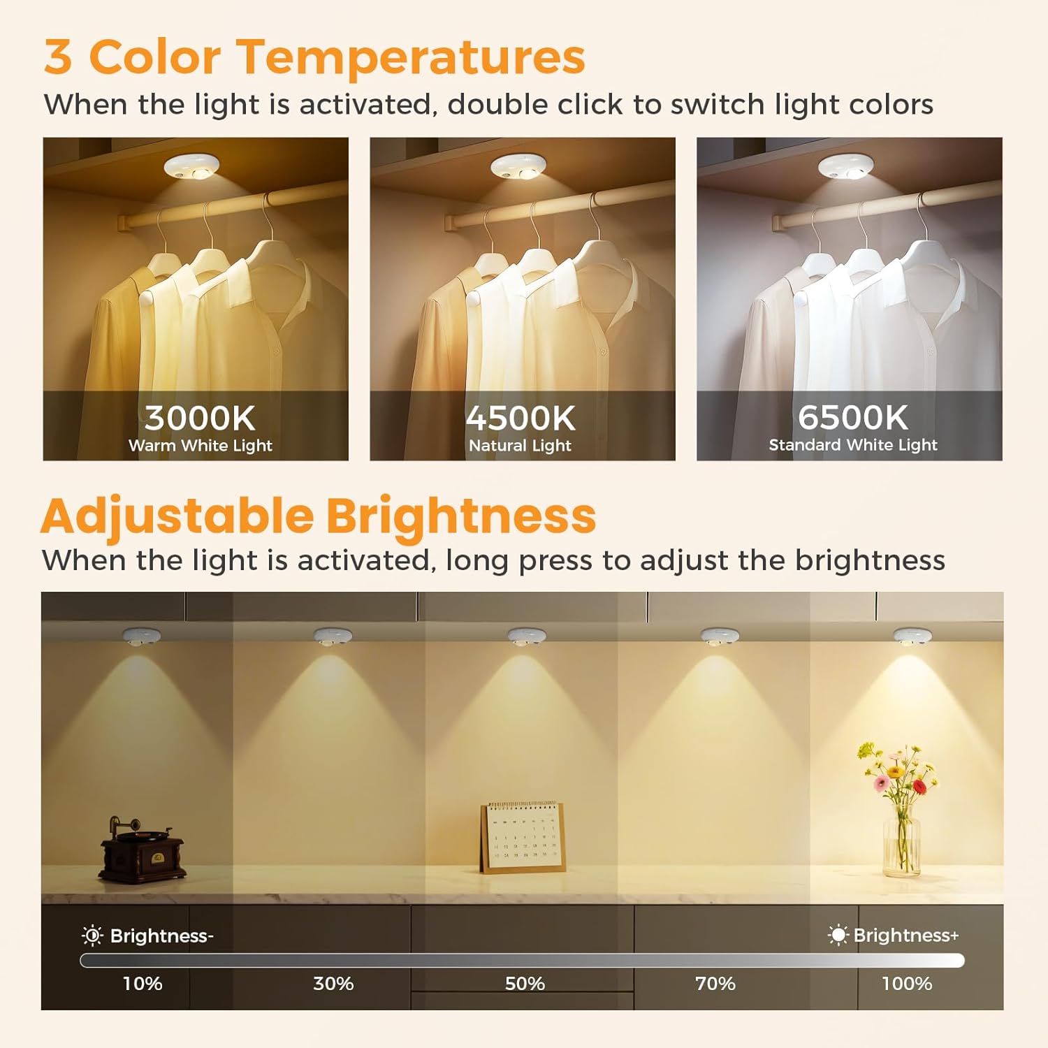 4/6 Pack Rechargeable Pebble LED Closet Light | 1 LED, 3 Color Modes (3000K / 4000K / 6000K) | Motion Sensor, Tap Switch, Dimmable | White Finish | Magnetic Mounting