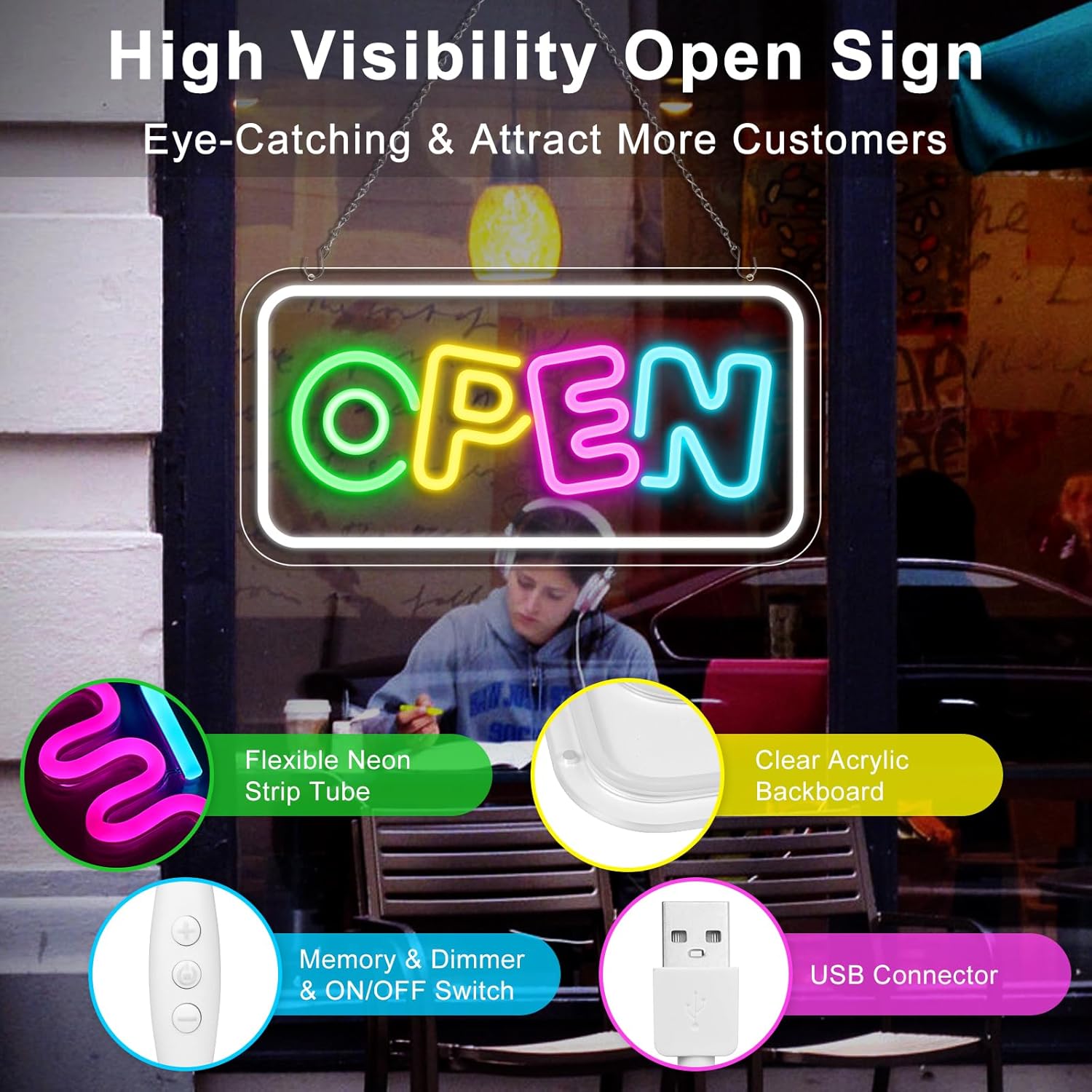 OPEN Neon Sign – USB Powered | 17×9 inch (43×22 cm) | Horizontal or Vertical Style | Multicolor LED Light for Storefront & Business Decor