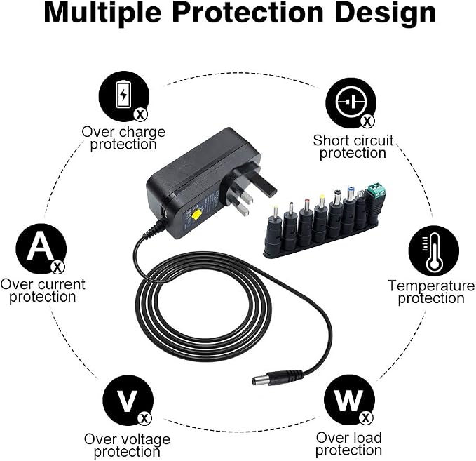 3V-12V Wall Plug Power Supply - AC 100-240V Input, Black Housing with UK Plug for LED Strip Lights, Router and Electronic Devices