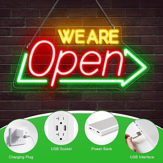 WE ARE OPEN Integrated LED Signs – USB Powered | 16.1×7.8 inch | Arrow Shape LED Window Sign |  Yellow + Red + Green Glow for Storefront Display