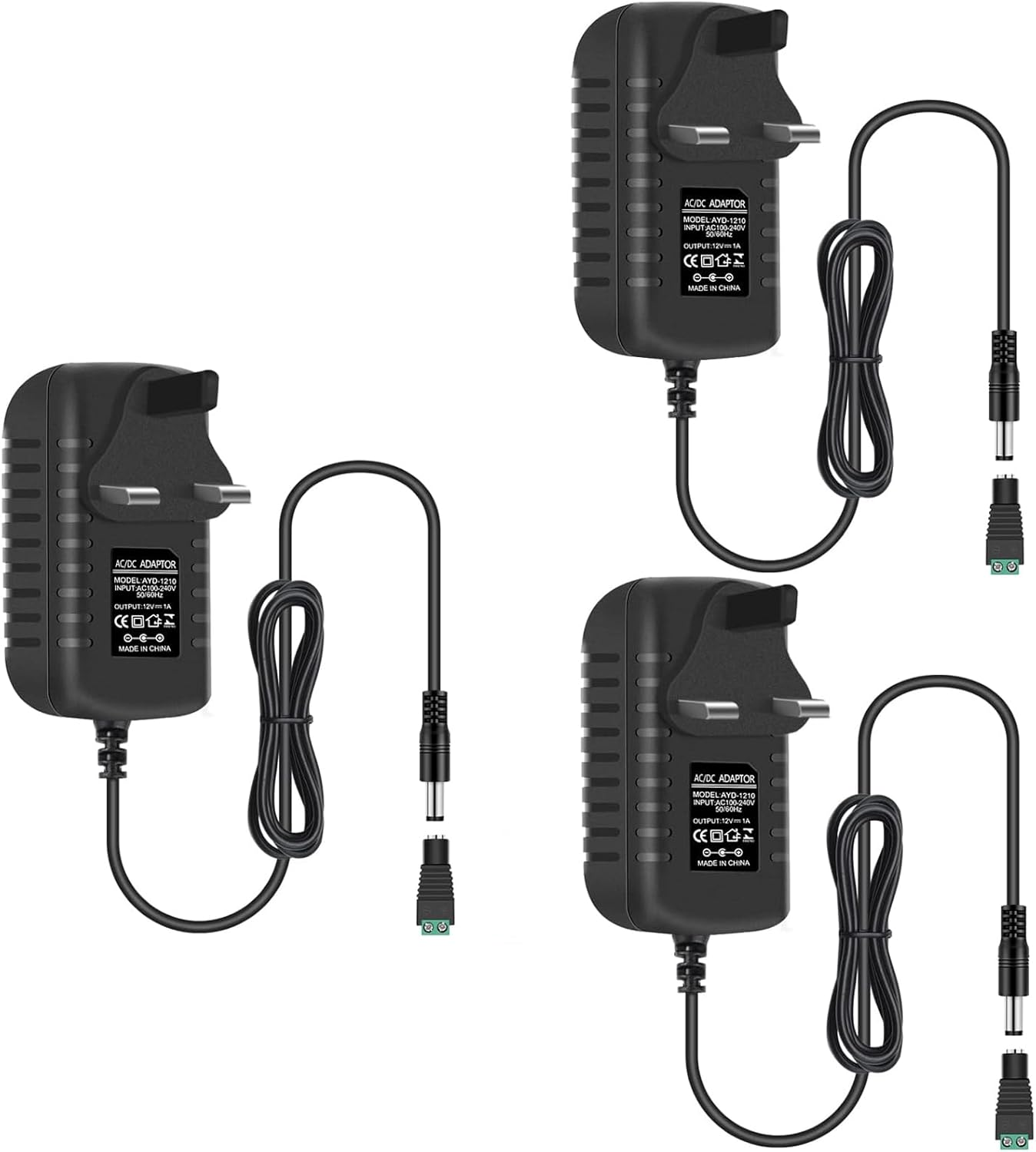 12V Power Supply Adapter 12W/24W, AC 100–240V Input, Wall Plug Transformer, Black Case — US/UK Plug, LED Driver for Strip/CCTV/Electronics