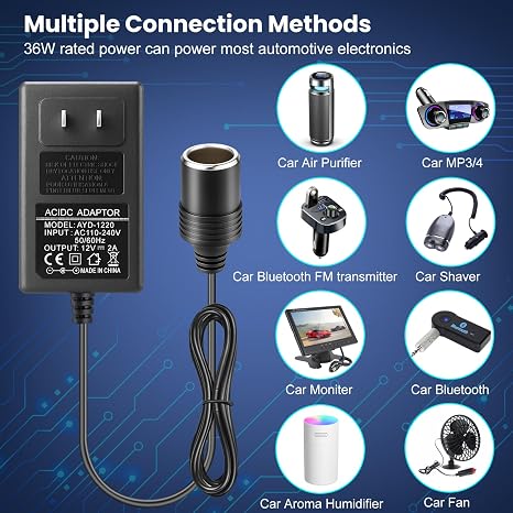 DC 12V Cigarette Lighter Power Supply Adapter 24W/36W, AC 100–240V to 12V Converter Transformer, Car Socket Charger for Pump, Cooler, LED Lights — US Plug