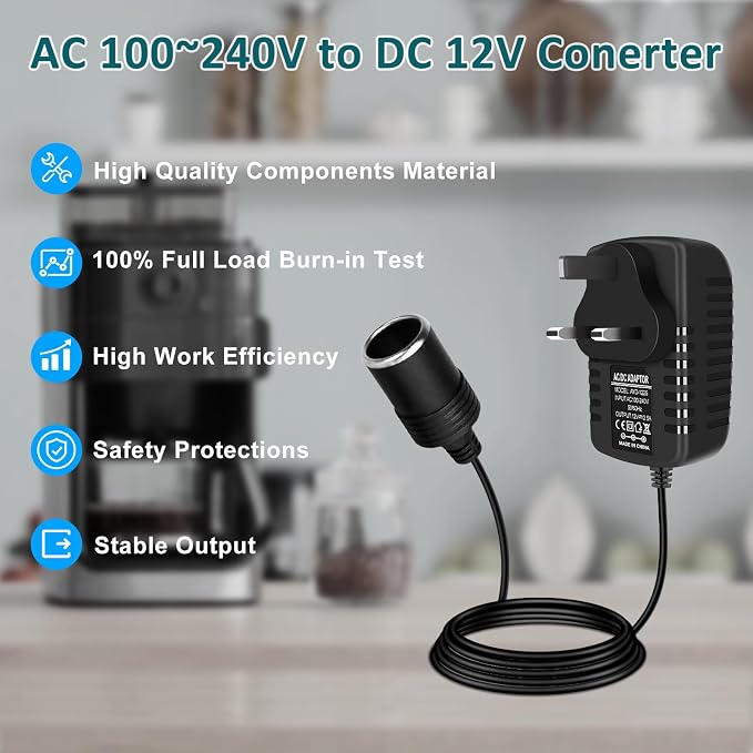 DC 12V Cigarette Lighter Power Supply Adapter 30W, AC 100–240V to 12V Converter Transformer, Car Socket Charger for Pump, Cooler, LED Lights — UK Plug