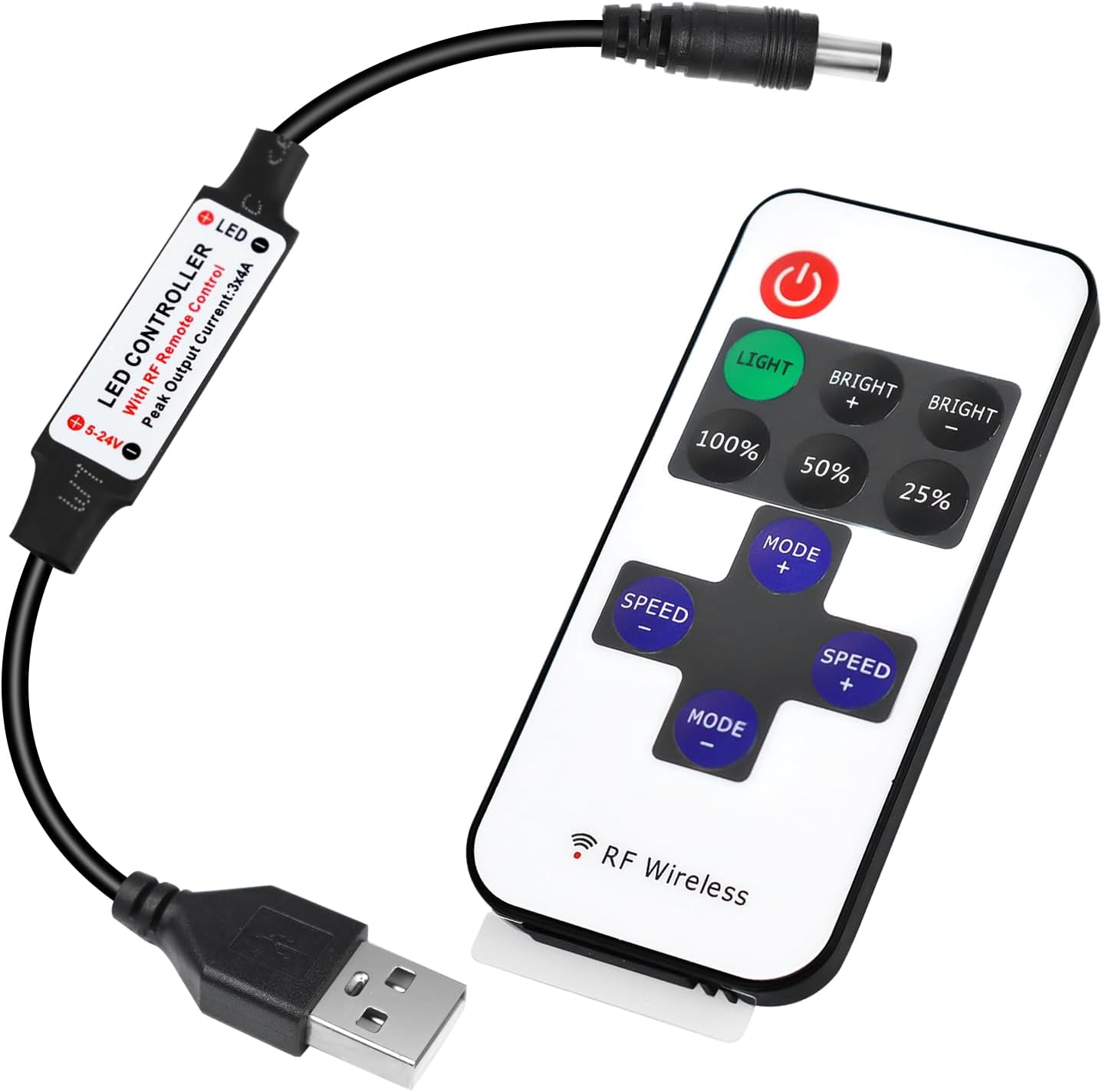 LED Strip Controller – 5V/24V – Black RF Remote with  Dimmer Function | For Single Color 5050/3528 Strips