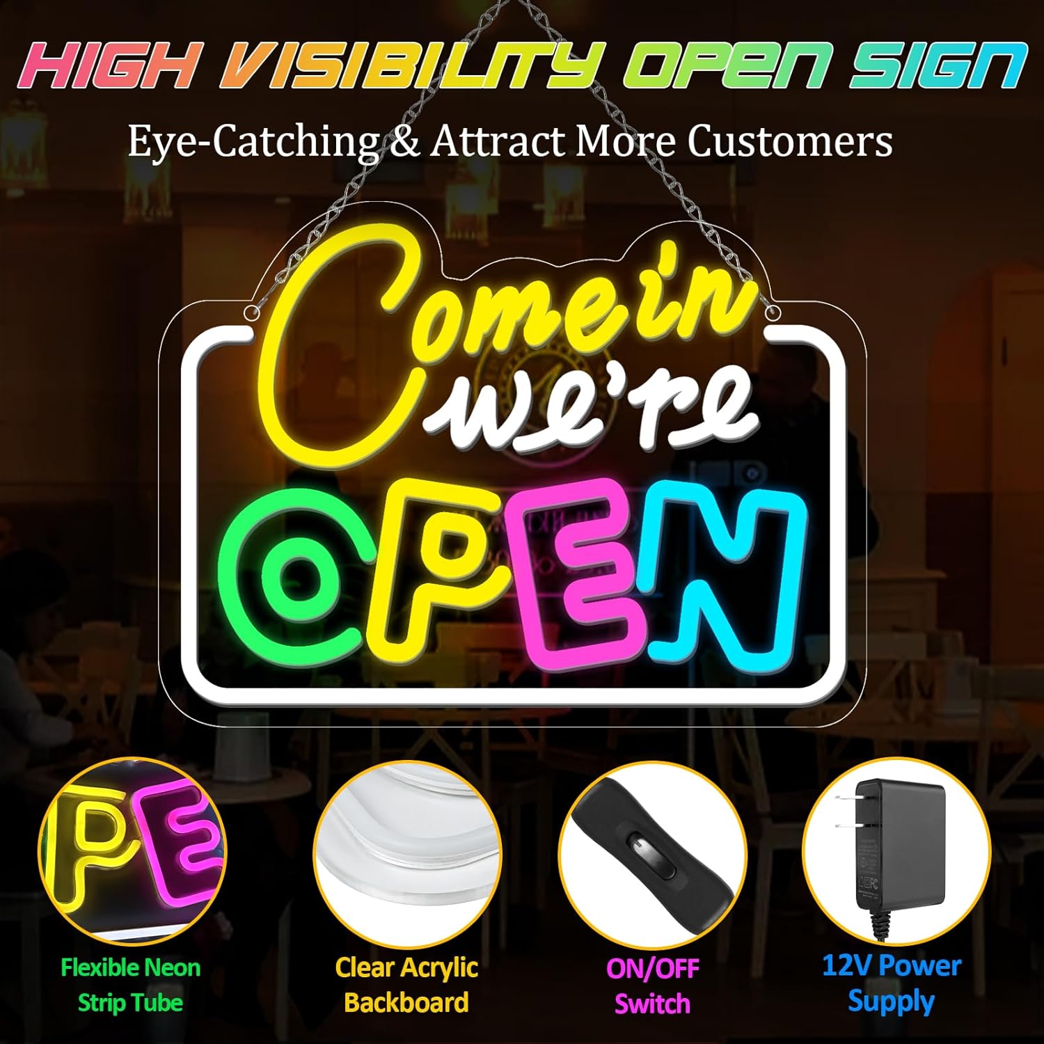 Come in We’re Open Neon Sign – Multicolor Glow | 15.7×11.8 inch (40×30 cm) | Window Hanging Business Sign | Plug & Play