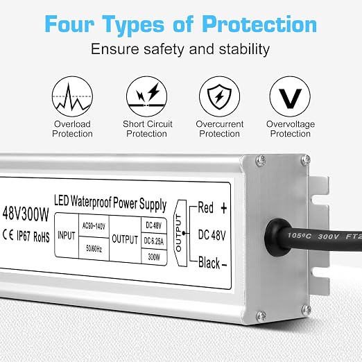 48V LED Power Supply, 175–265V Input, 100W–400W, Constant Voltage Transformer, Aluminum Housing, IP67 Waterproof SMPS, CE/RoHS/FCC — UK/EU Plug & Wire Leads Options