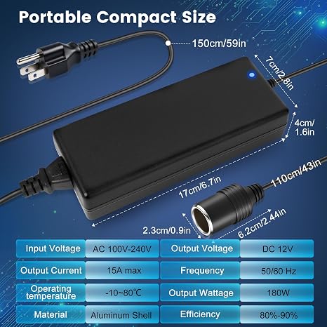 DC 12V Cigarette Lighter Desktop Power Supply Adapter 60W/120W/180W, AC 100–240V Input, Converter Transformer with US Plug — for Car Accessories, Air Pump, Cooler, and Electronics