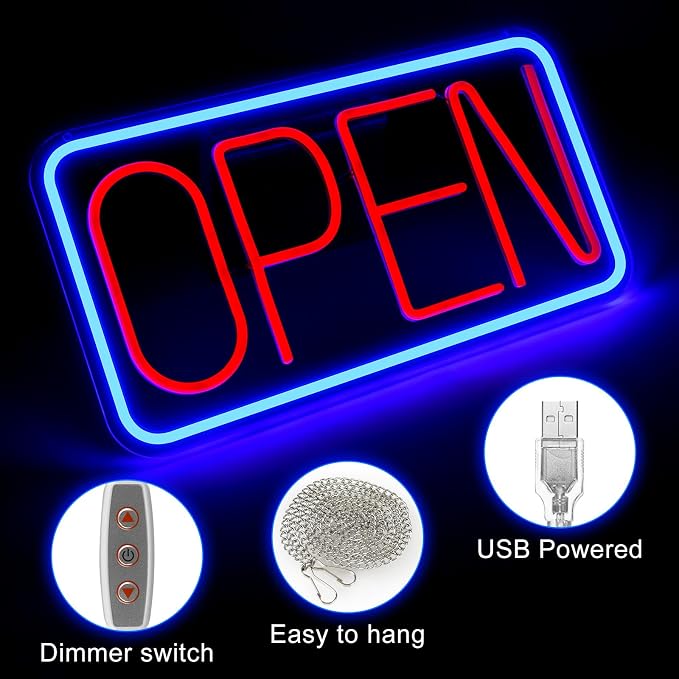 OPEN Silicone Neon Signs – USB Powered | 16×9 inch | Blue + Red Glow | LED Window Hanging Light for Storefronts