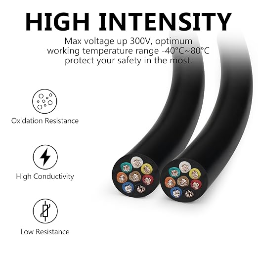 24 AWG Electrical Cable, 6/7/8 Conductor Stranded Tinned Copper Multi-Core Wire, Black/White PVC Jacket Flexible Control Extension Cord, 10/20/50m (33ft–165ft) Options