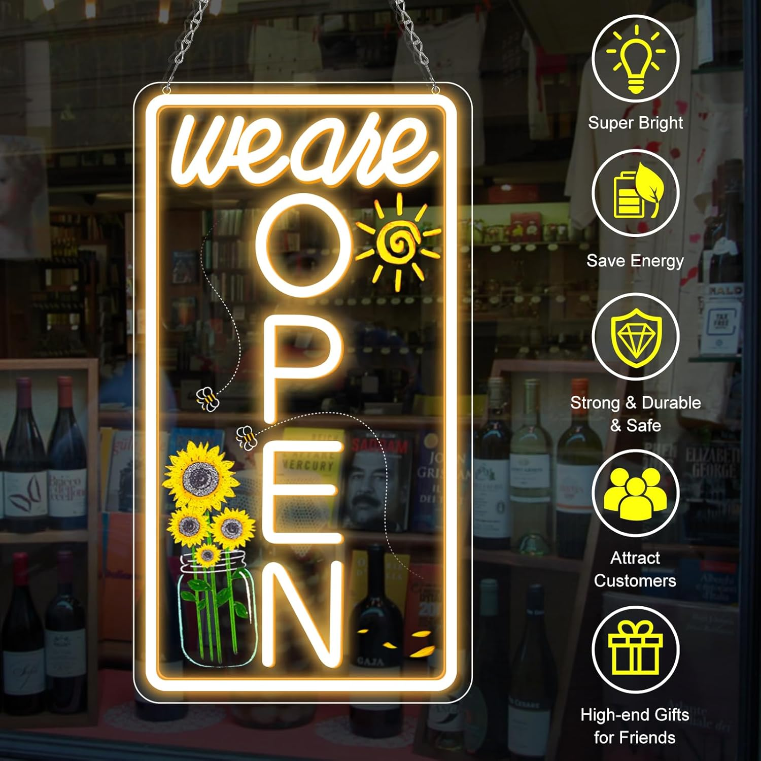 We Are Open Vertical Silicone Neon Signs – Warm White / Neutral White  | 16.5 × 9 inch |Window Hanging | Plug & Play for Storefronts