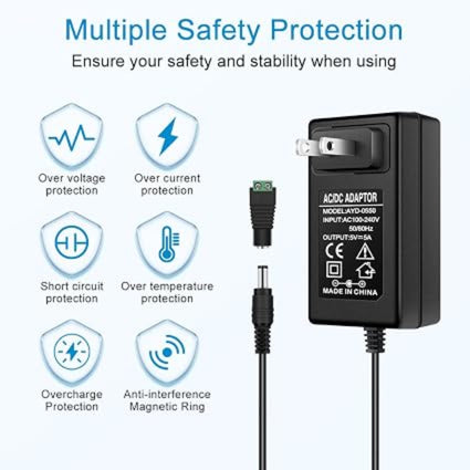 DC 5V Plug-in Power Supply Adapter 25W, AC 100–240V Input, Black Housing Wall Charger Transformer with US Plug — for LED Strip Lights, Router, USB Devices, Electronics