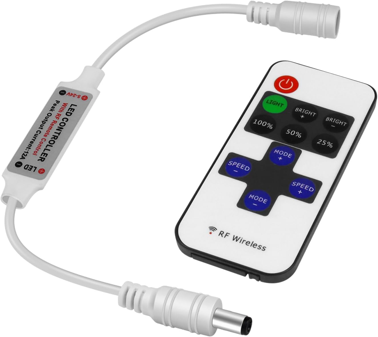 LED Strip Controller – 5V/24V – White RF Remote with Dimmer Function | For Single Color 5050/3528 Strips