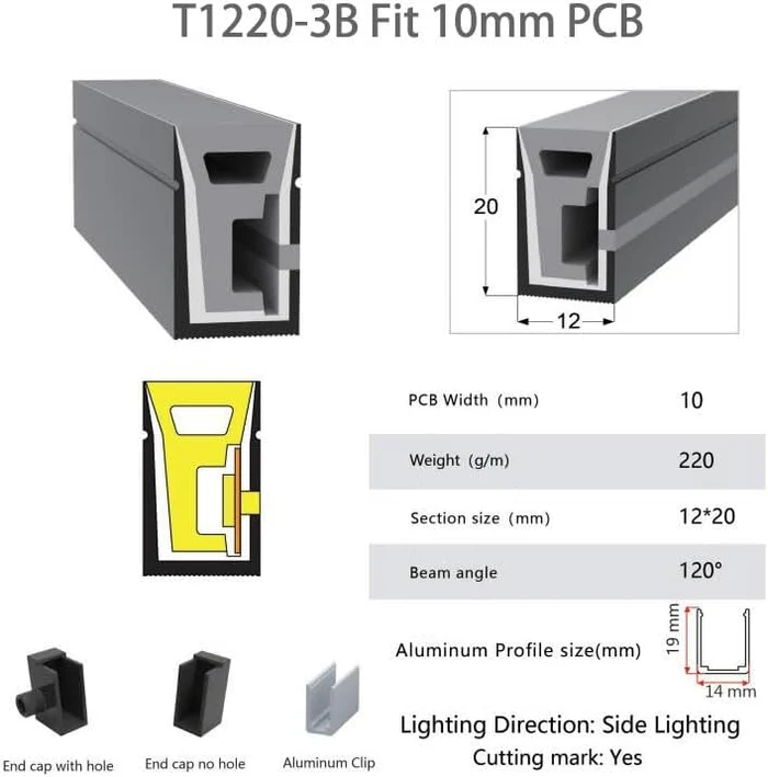 S Series S1220 Black Standard Install LED Neon Light Housing | 12×20mm Side Emitting led neon casing | IP67 Waterproof | 10mm PCB Width | Black Ceiling Bar Wall Modern Display | 5M/50M