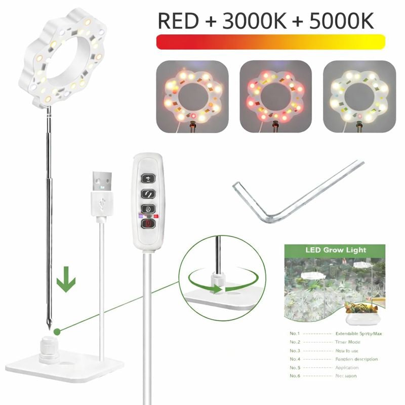 Potted Plants LED Grow Light - 5V | Height Adjustable | Auto On/Off Timer | Full Spectrum | Stake / Desk Base | Dimmable Brightness | Halo Plant Lamp for Indoor Plants Growing | USB Plug | 1 / 2 Pack