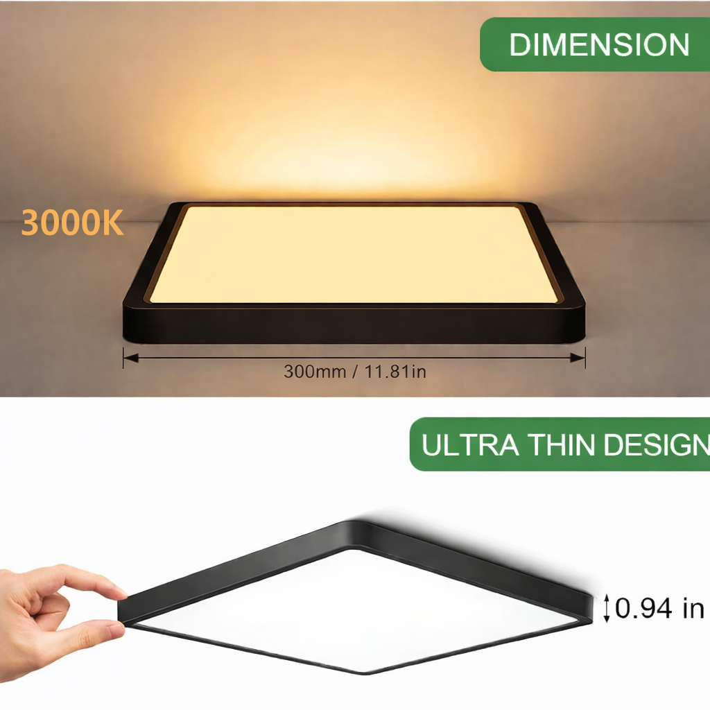 12.0 Inch Square LED Ceiling Light – 24W – Black – 3000K / 4500K / 5000K / 6500K – Flush Mount Ceiling Light – Local Stock (US/UK/DE)