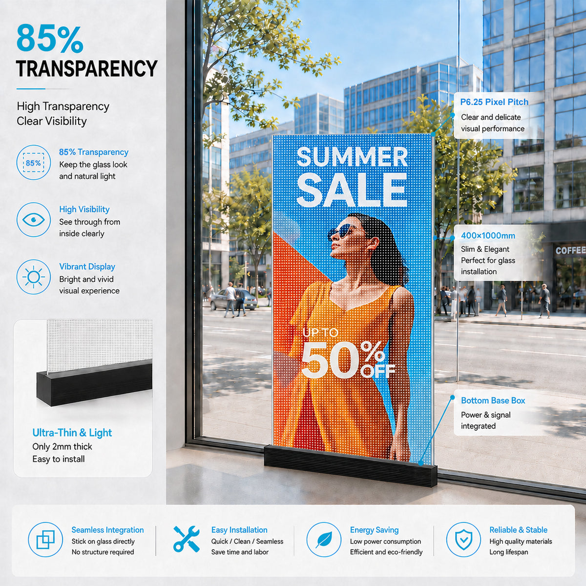 Film adhésif LED haute transparence P6.25 – 400 × 1 000 mm (15,75 × 39,37 po) | 2 000/4 000 nits | Affichage autocollant en verre transparent à 90 % pour vitrines et murs intérieurs en verre | Plusieurs options de kit | Prêt à l'emploi