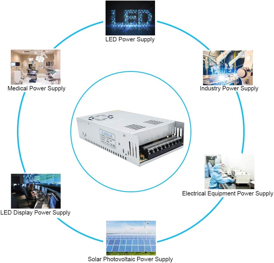 DC 12V/24V Switching Power Supply 300W–600W, AC 110/220V Input, High Power LED Driver Transformer, Cooling Fan Metal Case, CE/FCC/RoHS Certified