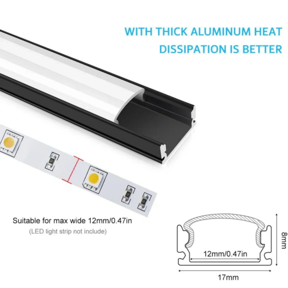 U Shape LED Aluminum Channels – Fit for 1 to 12mm LED Strip | 1Meter | Silver / Black | Milky White / Black Cover | With Installation Accessories | Bendable | 5 / 6 / 10 / 12 / 20 / -Pack | Local Stock US/UK