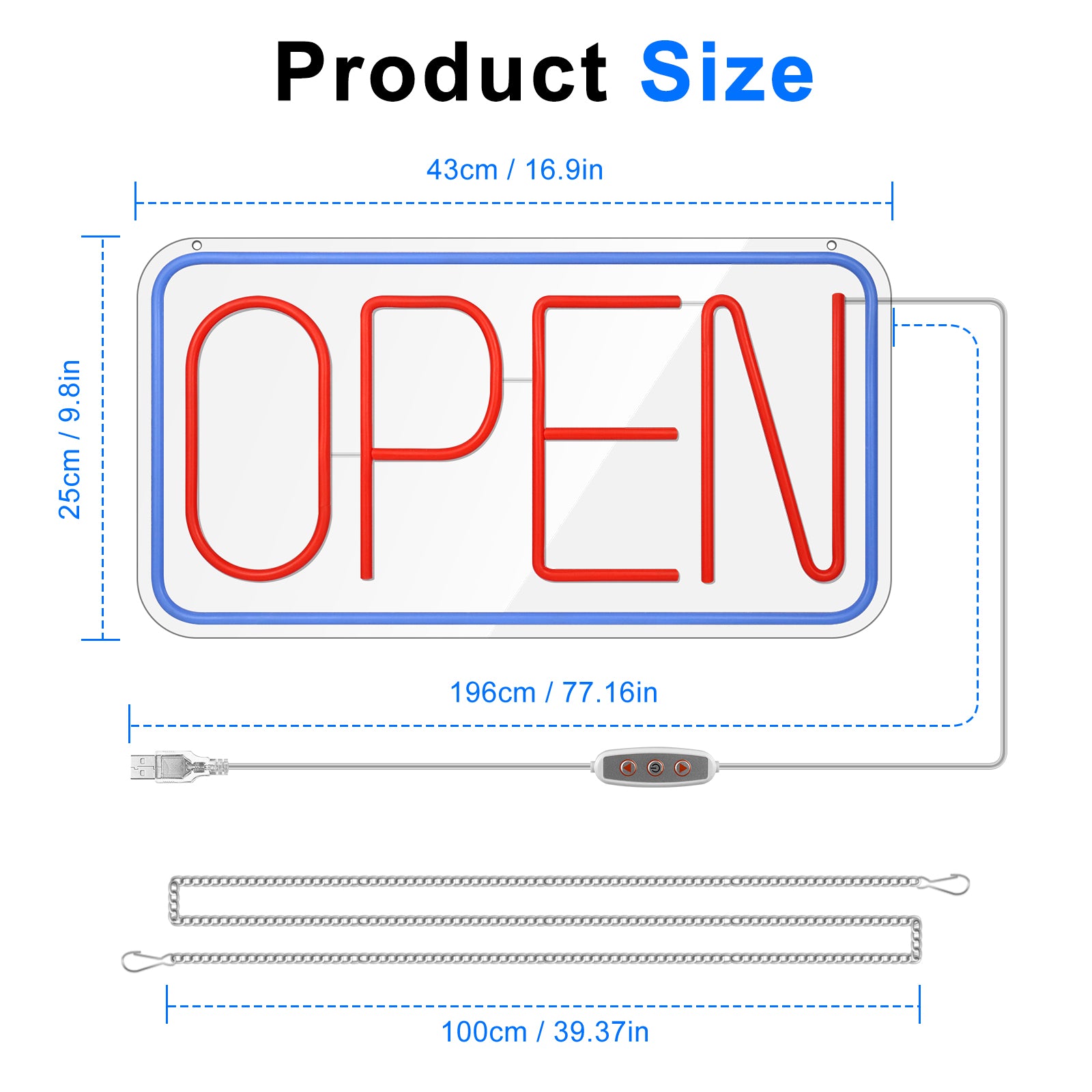 OPEN Neon Sign – USB Powered | 17×9 inch (44×24 cm) | 6 Color Options | LED Window Hanging Light for Storefronts