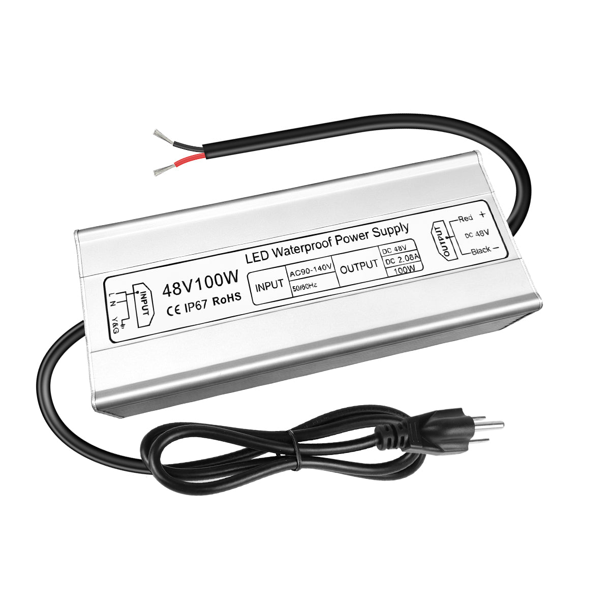 48V LED Driver, 90–140V Input, 100W–400W, Single Output Constant Voltage Power Supply, Aluminum Housing, IP67 Waterproof, CE/RoHS/FCC — US Plug & Wire Leads Options