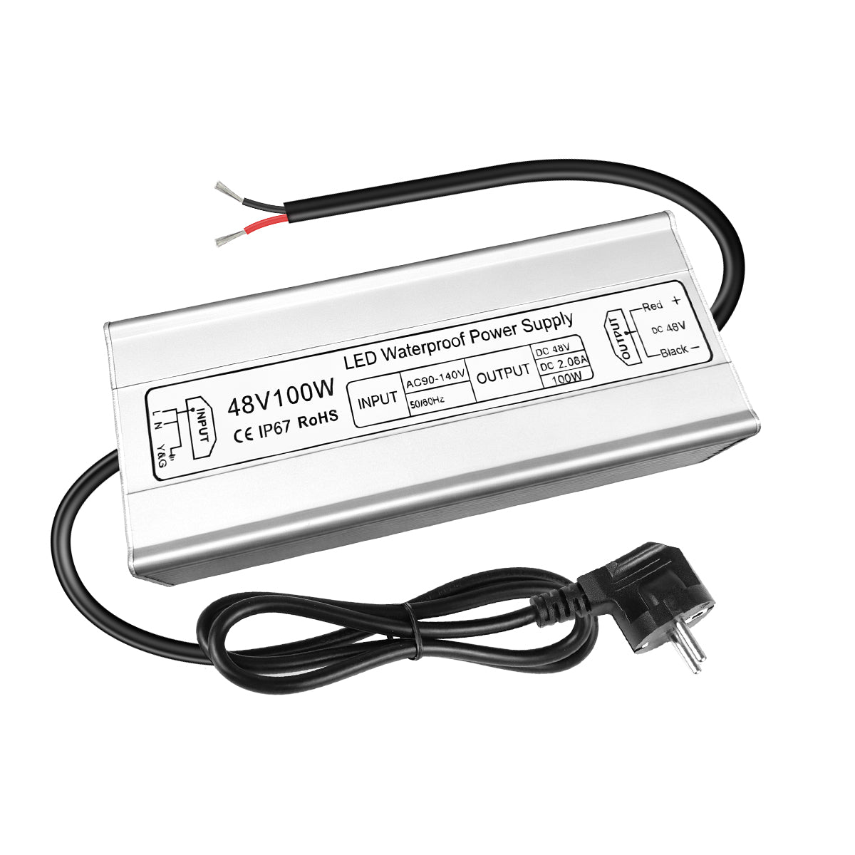 48V LED Power Supply, 175–265V Input, 100W–400W, Constant Voltage Transformer, Aluminum Housing, IP67 Waterproof SMPS, CE/RoHS/FCC — UK/EU Plug & Wire Leads Options