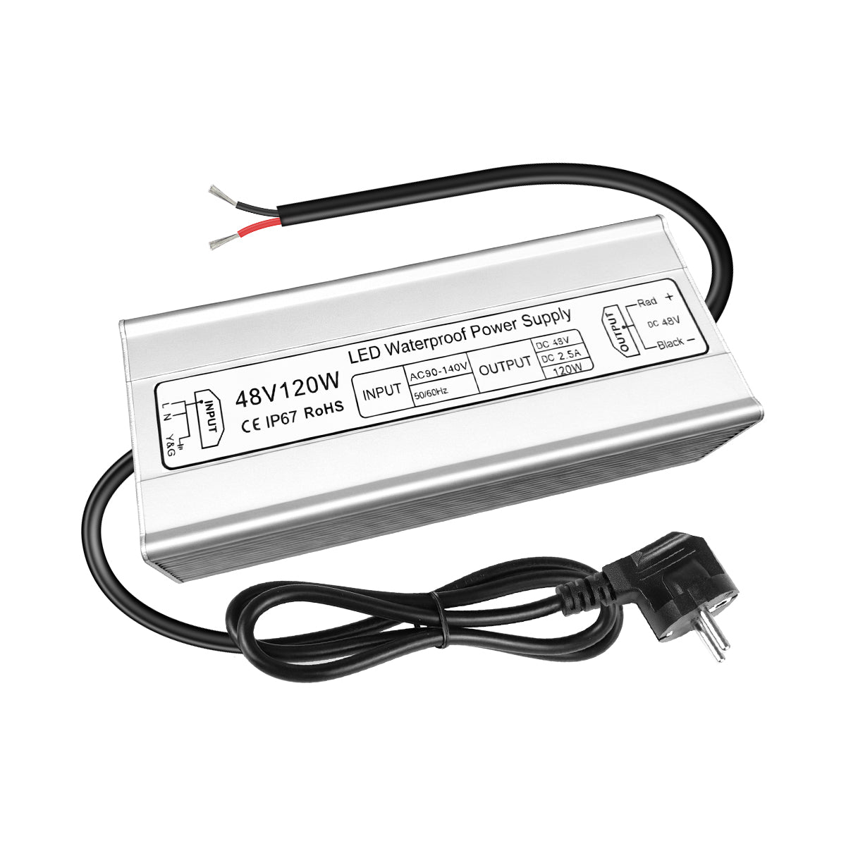48V LED Power Supply, 175–265V Input, 100W–400W, Constant Voltage Transformer, Aluminum Housing, IP67 Waterproof SMPS, CE/RoHS/FCC — UK/EU Plug & Wire Leads Options