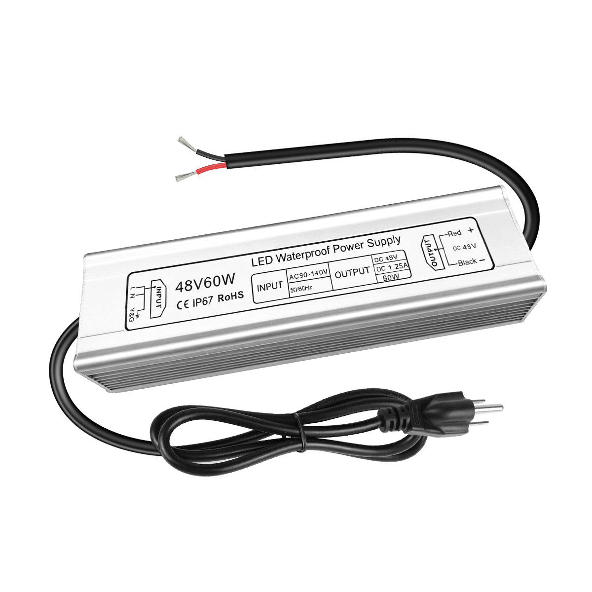 48V Waterproof LED Power Supply 60W–80W, 90–265V AC Input, Single Output Transformer, Aluminum Housing, CE/RoHS/FCC — US/UK/EU Plug & Wire Leads Options