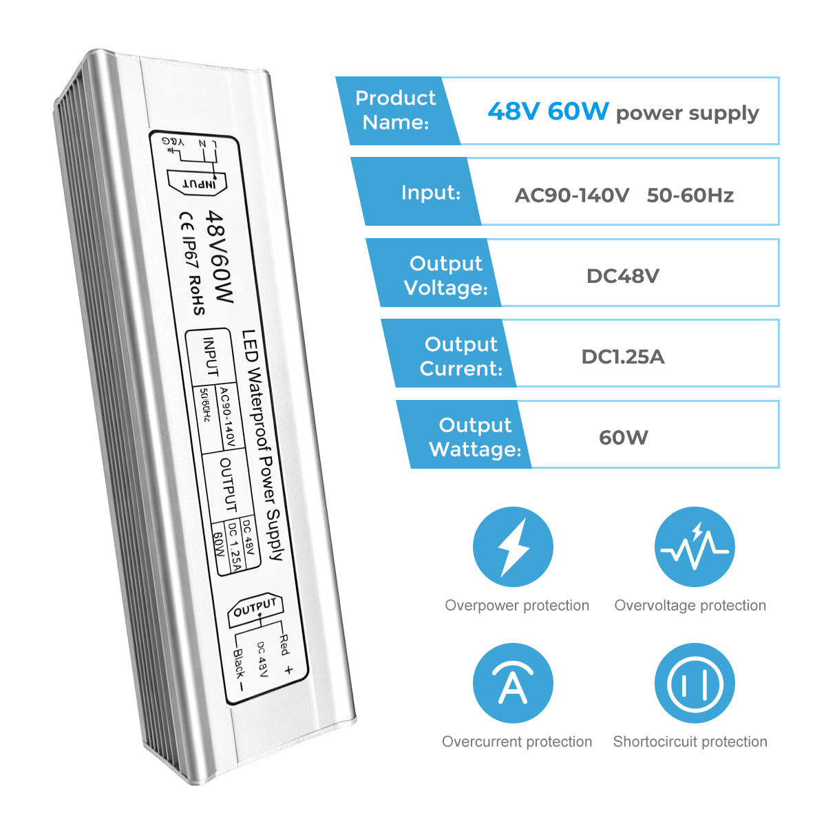 48V Waterproof LED Power Supply 60W–80W, 90–265V AC Input, Single Output Transformer, Aluminum Housing, CE/RoHS/FCC — US/UK/EU Plug & Wire Leads Options