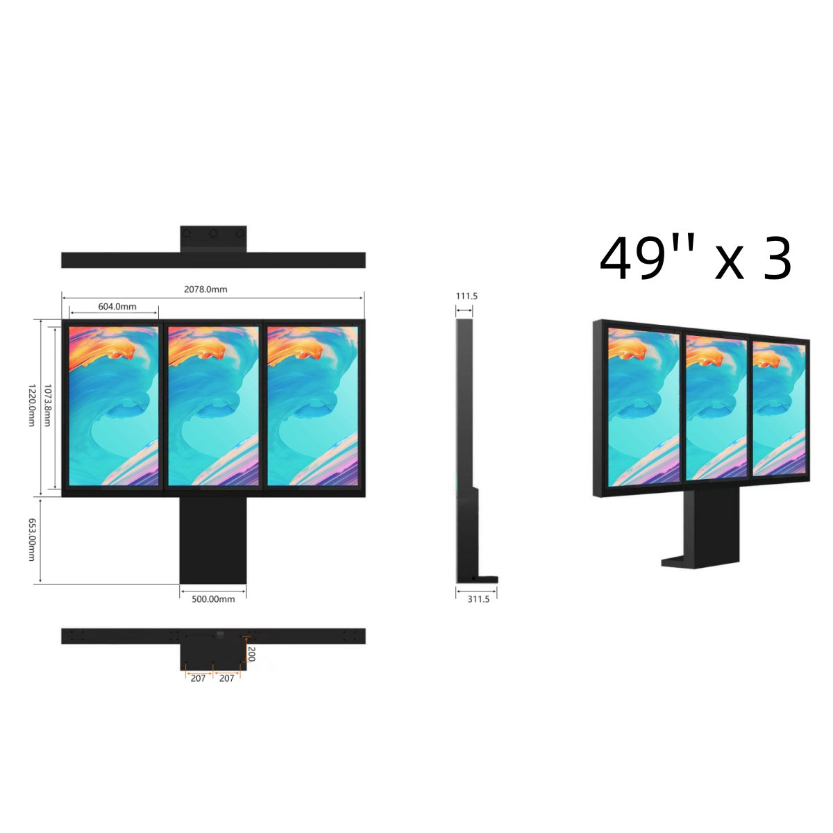 2500-Nit IP66 Outdoor High-Brightness LCD Digital Signage | Triple Side-by-Side Screens | 43", 49" & 55" | Floor-Standing | Optional Touchscreen