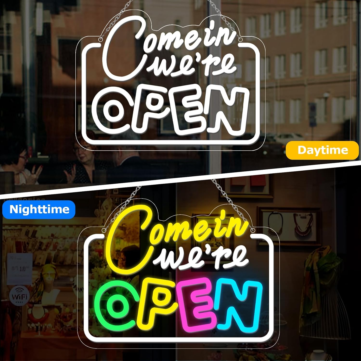Come in We’re Open Neon Sign – Multicolor Glow | 15.7×11.8 inch (40×30 cm) | Window Hanging Business Sign | Plug & Play