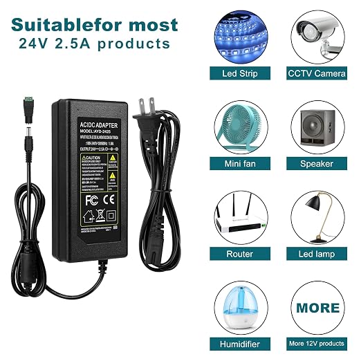 Adaptateur d'alimentation de bureau CC 24 V 60 W–120 W, entrée CA 100–240 V, transformateur de commutation avec prise US — pour bandes LED, imprimantes 3D, vidéosurveillance et appareils électroniques
