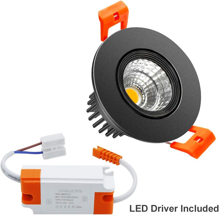 ECO-2 Series Adjustable COB LED Recessed Downlight – Black Housing – TRIAC Dimmable – 3W/5W/9W – 4-Pack/10-Pack – 3000K–6000K – 100–130V / 200–240V