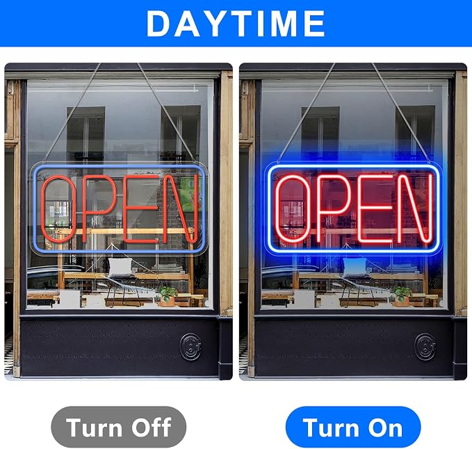 OPEN Silicone Neon Signs – USB Powered | 16×9 inch | Blue + Red Glow | LED Window Hanging Light for Storefronts