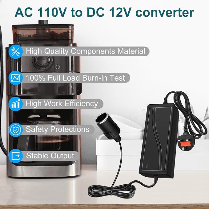 DC 12V Cigarette Lighter Desktop Power Supply Adapter 60W–120W, AC 100–240V Input, Converter Transformer with UK Plug — for Car Accessories, Air Pump, Cooler, and Electronics
