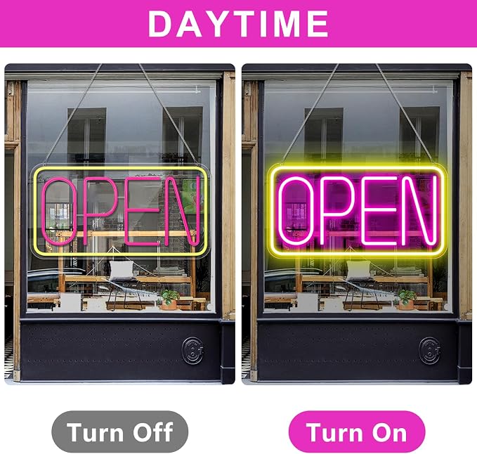 LED-Neonschild „OPEN“ – rechteckig | 4 Leuchtfarbenoptionen | 16×9 / 23×12 Zoll | Fensteraufhängung | Plug &amp; Play für Schaufenster