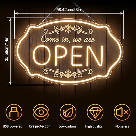 WE ARE OPEN COME IN LED Silicone Neon Sign – 23.5×14 Inch & 16.5×10 Inch | 5V USB Powered Dimmable Light with Engraved Back Design for Storefront Window & Business Decor