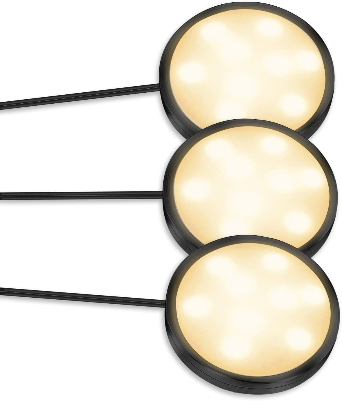 3er-Pack LED-Puck-Schrankleuchten – Warmweiß / Tageslichtweiß | Schwarzes Finish | 12-V-Adapter mit US-/UK-Stecker | Dimmbar per Touch | Klebemontage | für Küche und Unterschrank 