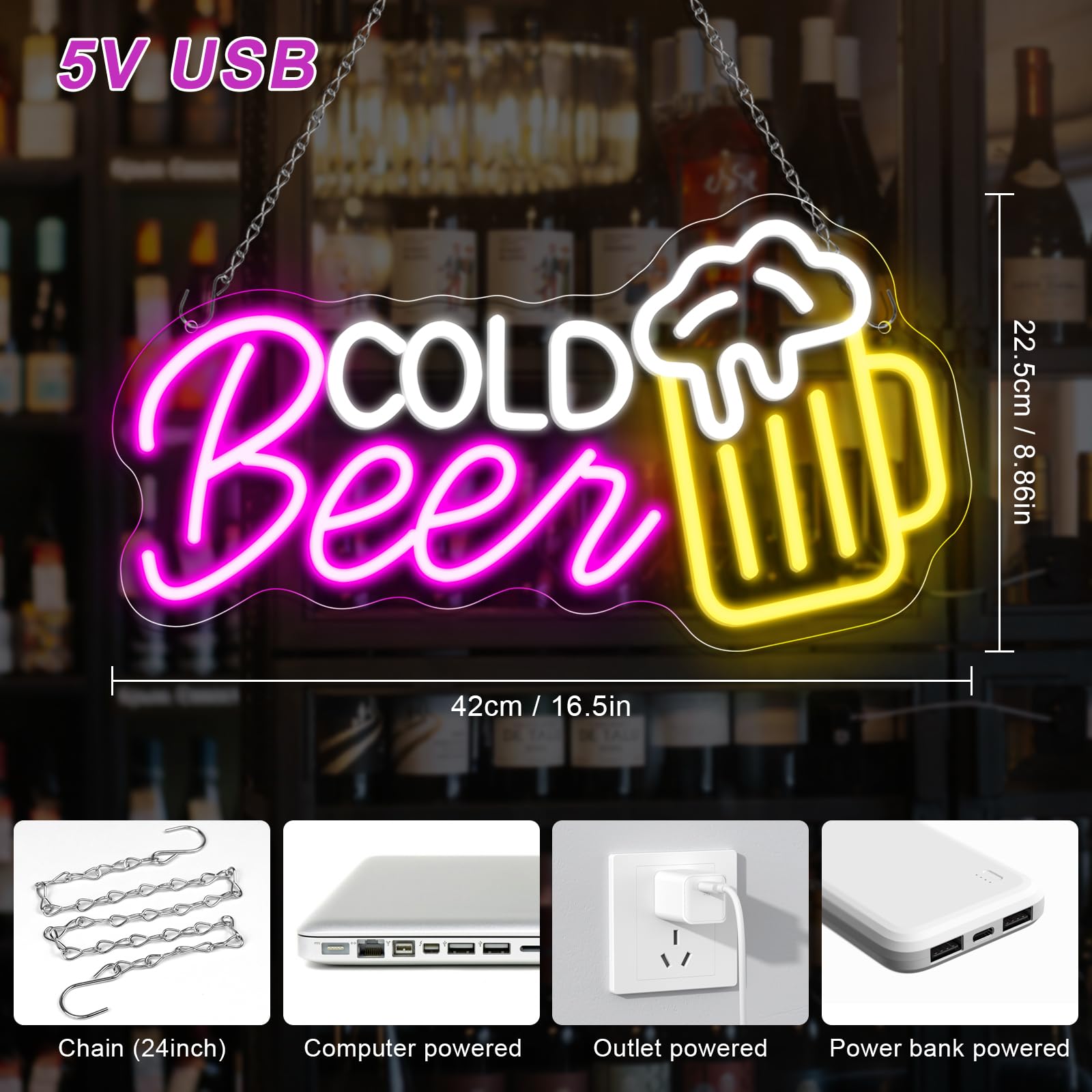 Cold Beer LED Sign – 16.5 × 8.8 inch | Multi-Color Glow | USB Powered | Hanging | Ideal for Bar, Pub, Lounge, Nightclub, Party Mood Lighting