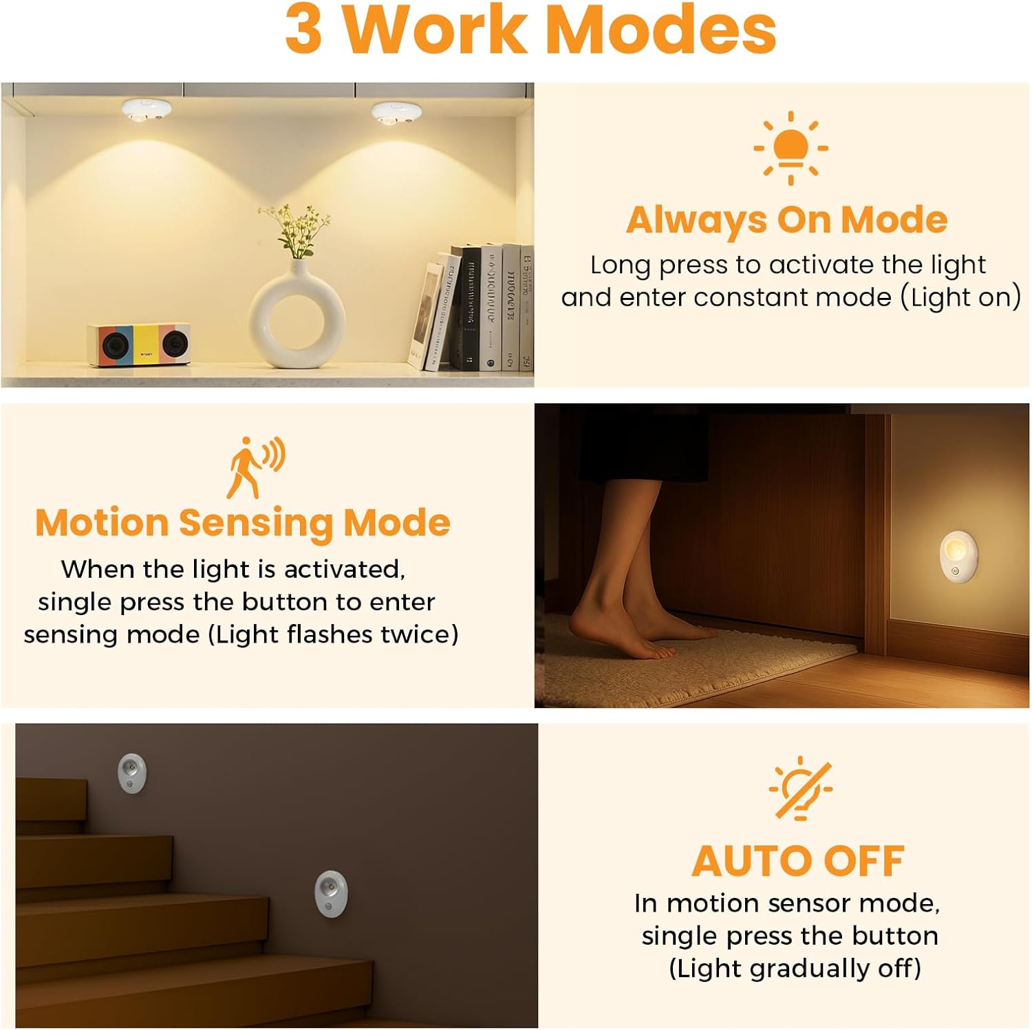 4/6 Pack Rechargeable Pebble LED Closet Light | 1 LED, 3 Color Modes (3000K / 4000K / 6000K) | Motion Sensor, Tap Switch, Dimmable | White Finish | Magnetic Mounting