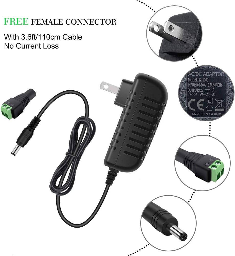 12V Power Supply Adapter 12W/24W, AC 100–240V Input, Wall Plug Transformer, Black Case — US/UK Plug, LED Driver for Strip/CCTV/Electronics