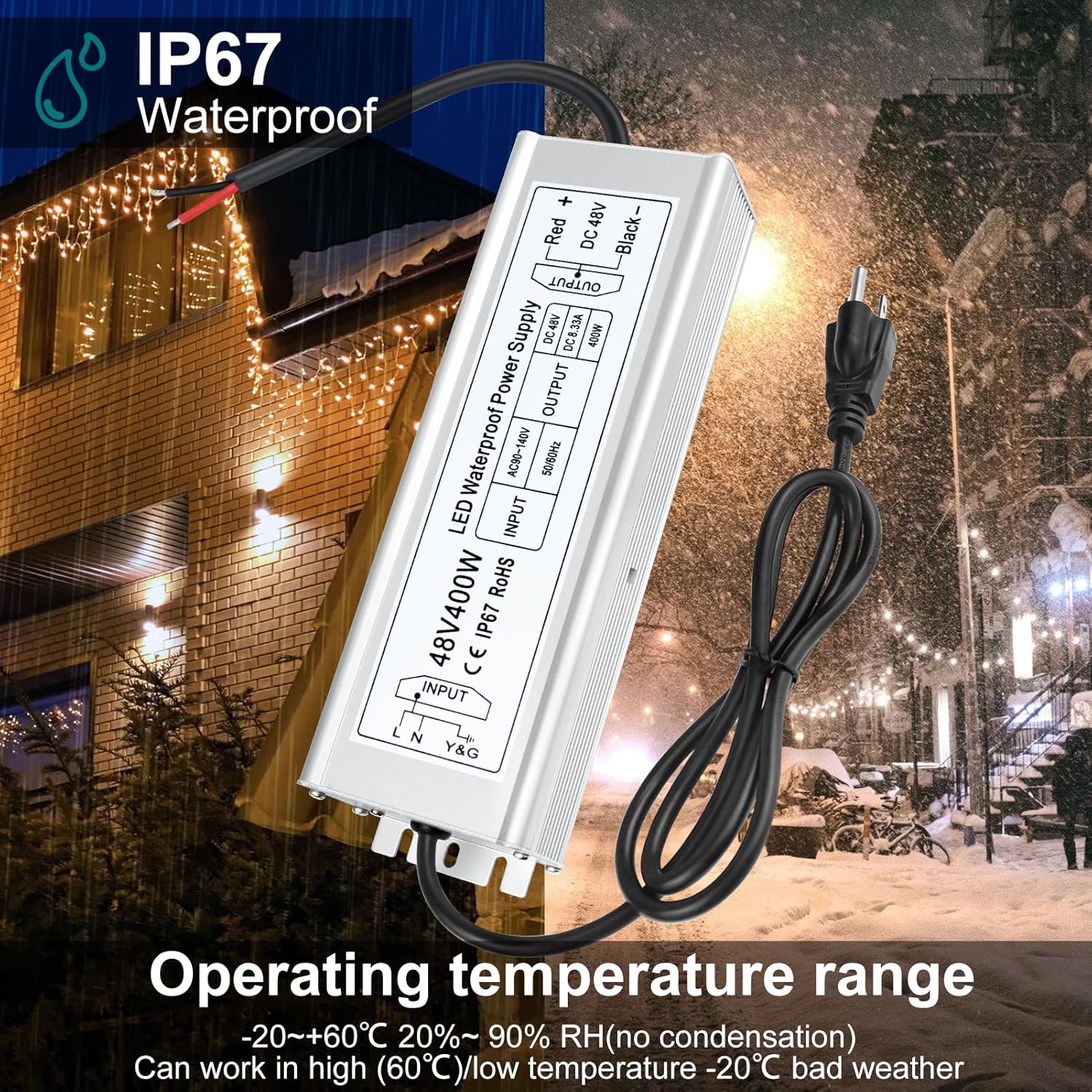 48V LED Power Supply, 175–265V Input, 100W–400W, Constant Voltage Transformer, IP67 Waterproof SMPS, CE/RoHS/FCC — UK/EU Plug & Wire Leads Options