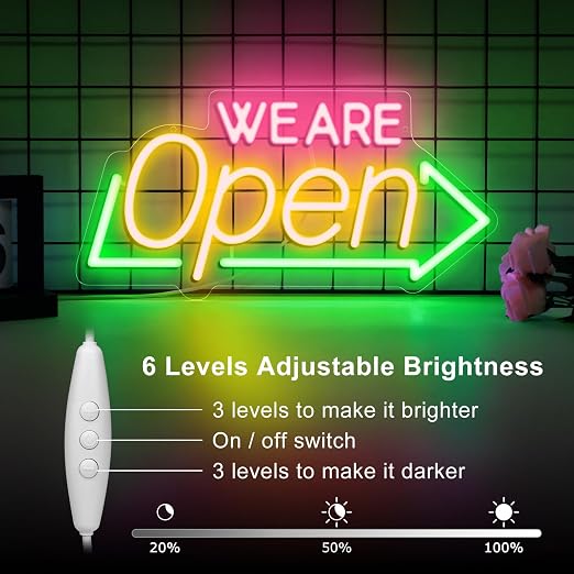 Enseigne néon « Ouvert » avec décor tournesol – Version USB | Blanc chaud / Jaune et blanc | 43 x 23 cm / 61 x 33 cm | Éclairage LED DC 5 V pour vitrine d'entreprise